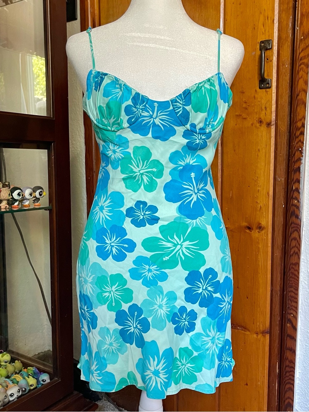 Zara Like New Blue Green Hibiscus Floral Mini Dress Size S